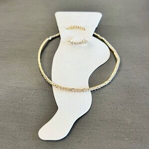 Gold & Clear Stretchy Allover Rhinestone Anklet Ankle Bracelet & Toe Ring Set